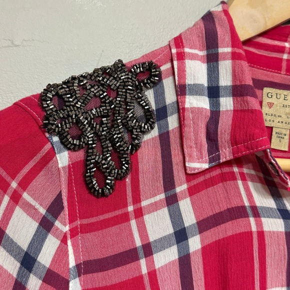 Guess Plaid Pearl Snap Shirt Womens S Red Country Cowgirl‎ Western Rodeo Beaded - Picture 4 of 11